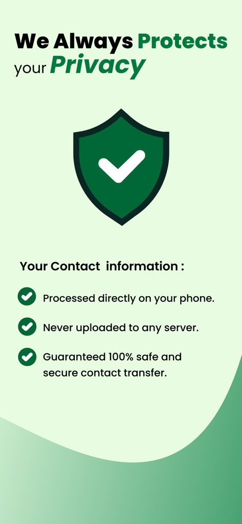 Get contact Backup: vCard, CSV - Datenschutz- und Sicherheitsbildschirm, der die lokale Verarbeitung und keine Server-Uploads für Kontaktdaten zeigt