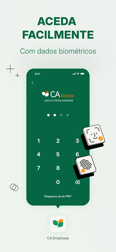 CA Mobile Empresas - Pantalla de inicio de sesión de la aplicación CA Mobile Empresas con entrada de PIN y opciones de autenticación biométrica.
