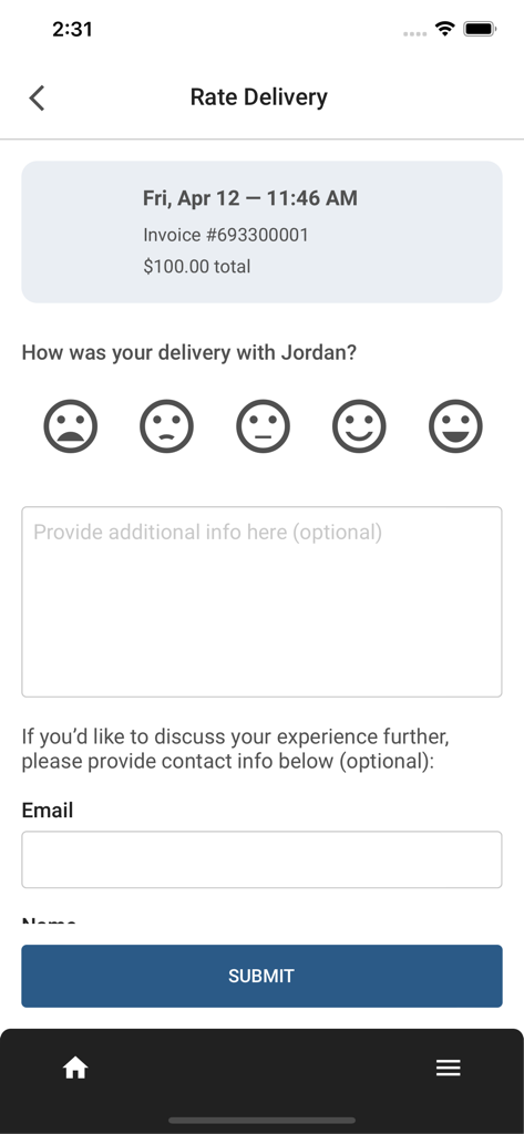 Delivery feedback screen in the Gordon Now app with invoice information and rating icons