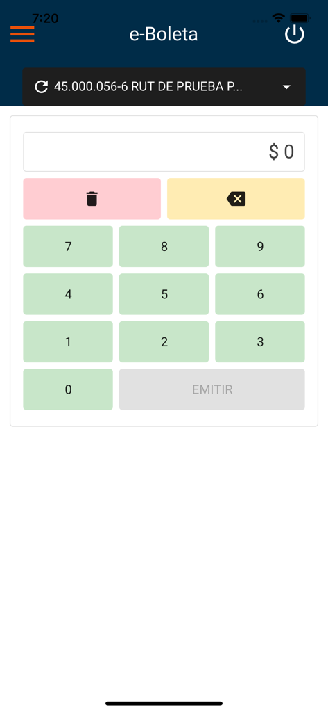 e-Boleta - Numeric keypad interface in the e-Boleta app for issuing electronic tax receipts