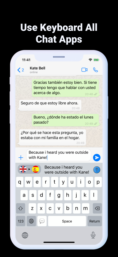 Smartphone montrant Translate Keyboard for Chat traduisant de l'anglais vers l'espagnol dans une application de messagerie