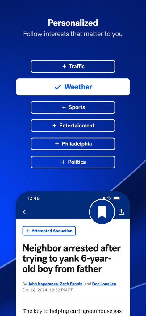 6abc Philadelphia mobile app interface showing personalized news topic selection and a local news article