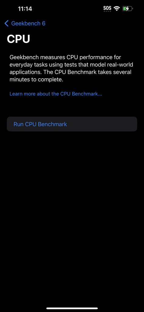 Interface of the Geekbench 6 app CPU benchmark screen showing a button to run the performance test