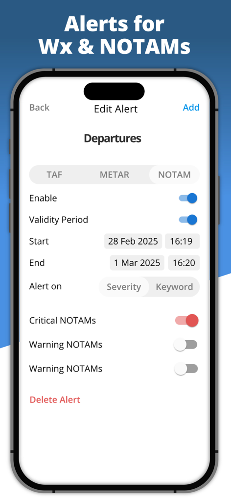 Una interfaz de teléfono inteligente que muestra la pantalla de Edición de Alertas para configurar alertas NOTAM por gravedad y período de validez