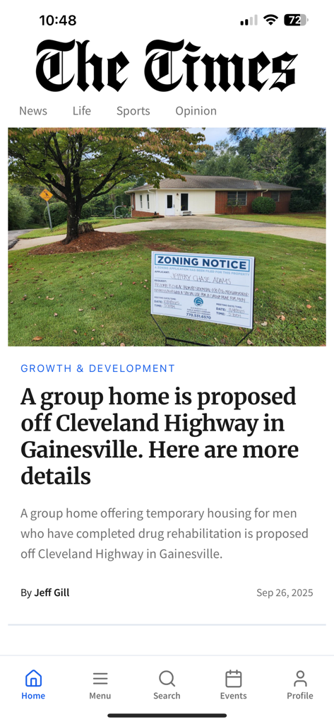 Gainesville Times - Gainesville Times app displaying a news article about a local development proposal