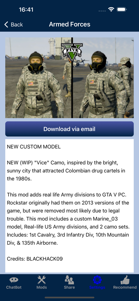 Screenshot of GTA 5 mod app showing a custom military model with US Army camouflage.