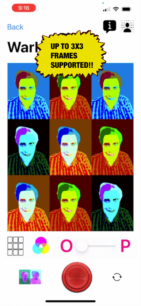 Pop Art Lite - Captura de tela do aplicativo Pop Art Lite mostrando uma grade de três por três de um retrato com filtros coloridos estilo Warhol