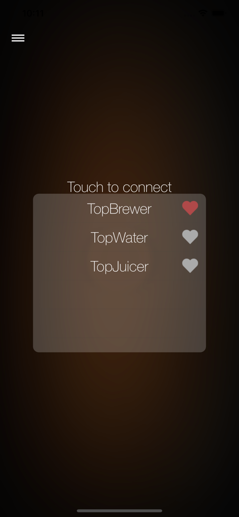 TopBrewer mobile app screen for connecting to TopBrewer TopWater and TopJuicer machines