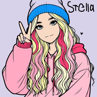 a teenage girl in a beanie, oversized sweatshirt, wavy long hair, and is showing a ✌️