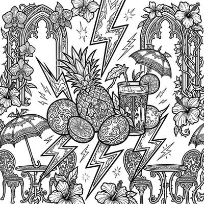Experience a thrilling blend of tropical summer and dark gothic charm with this unique coloring page. Featuring ornate lightning, exotic fruits, and elegant architectural details, it promises an electrifying artistic journey.