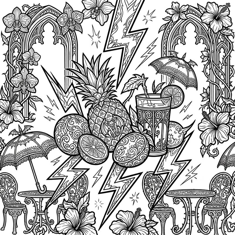 Experience a thrilling blend of tropical summer and dark gothic charm with this unique coloring page. Featuring ornate lightning, exotic fruits, and elegant architectural details, it promises an electrifying artistic journey.