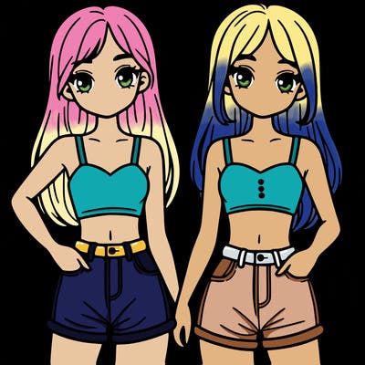 two sisters with crop tops and jean shorts and straight hair