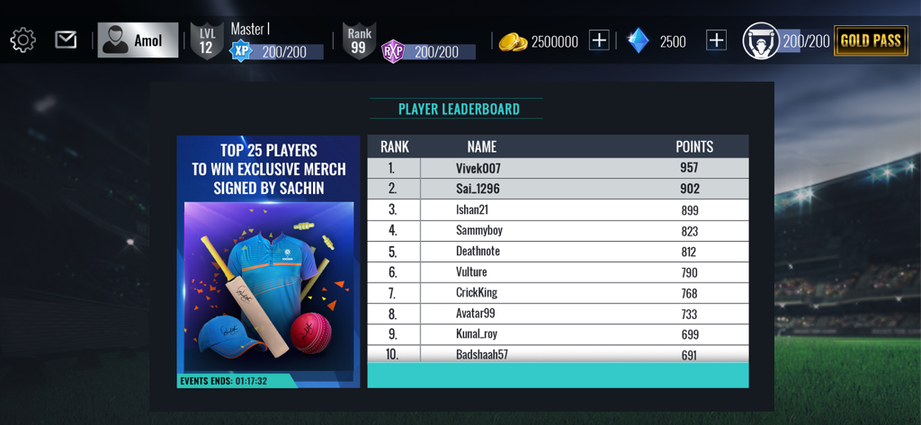 Sachin Saga Cricket Champions - Sachin Saga Cricket Champions player leaderboard showing top rankings and exclusive signed merchandise rewards