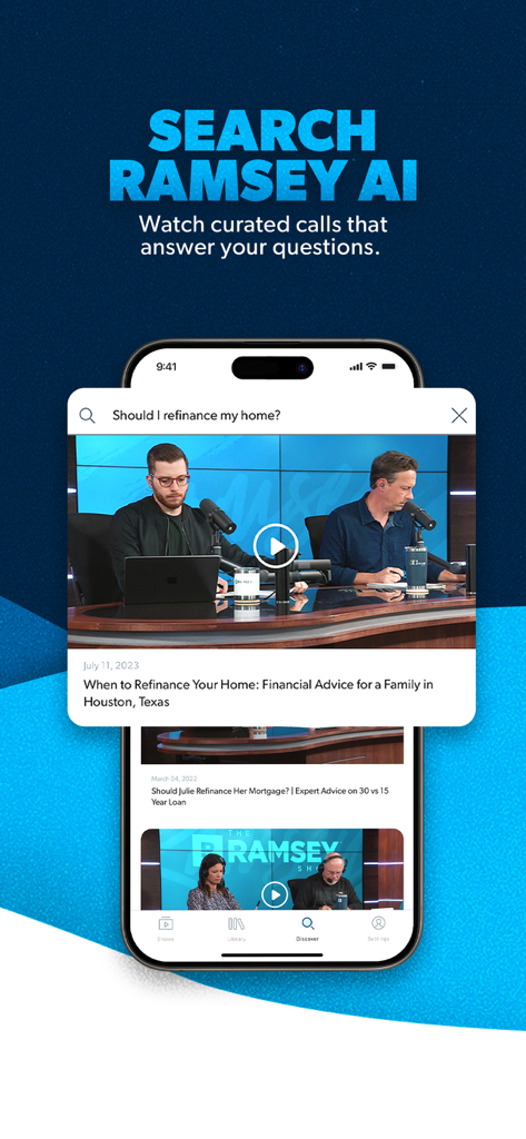 Ramsey Network app interface showing the AI search tool answering a question about home refinancing with video clips