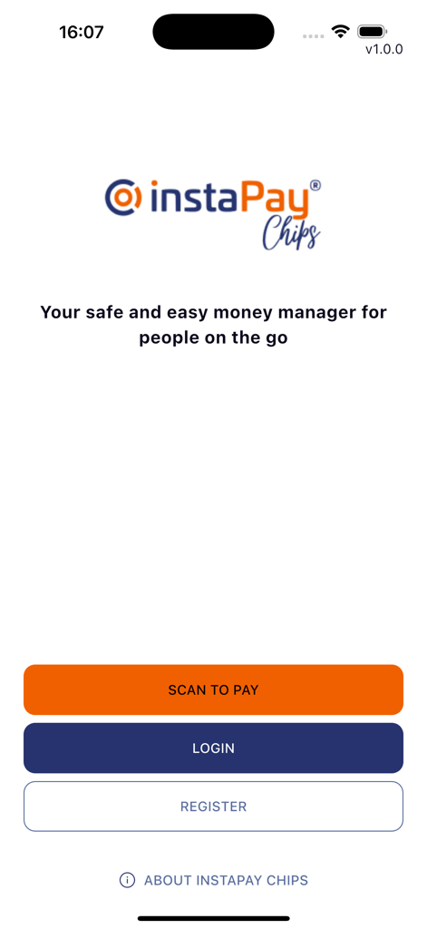 Instapay Chips - InstaPay Chipsアプリのウェルカムスクリーン。スキャンして支払う、ログイン、登録ボタンが表示されています。