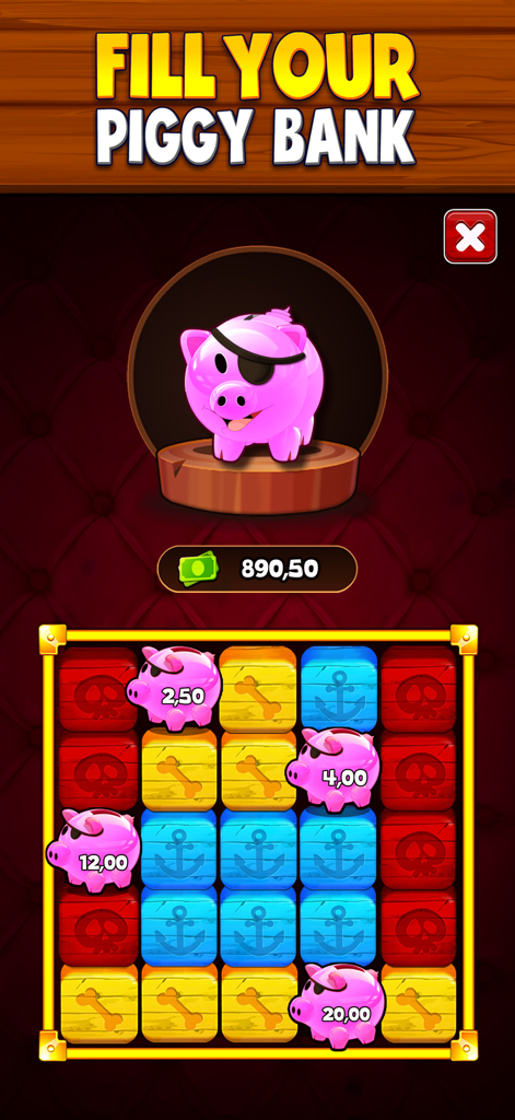 Prize Blast - Gameplay do Prize Blast mostrando um mealheiro pirata e um tabuleiro de puzzle com ícones de recompensa em dinheiro.