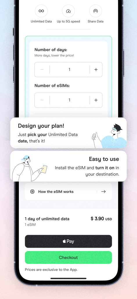 Holafly eSIM: Unlimited Data - Schermata dell'app Holafly che mostra la selezione del piano dati illimitato e il pulsante Apple Pay