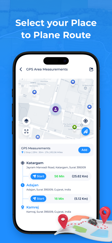 GPS Fields Area Measure App - App GPS Fields Area Measure mostrando um planejador de rotas com múltiplos destinos, navegação no mapa e tempos de viagem