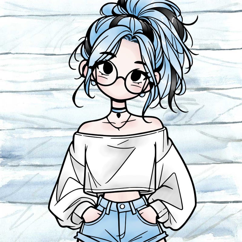 girl with a messy ponytail glasses a baggy crop top and jean shorts