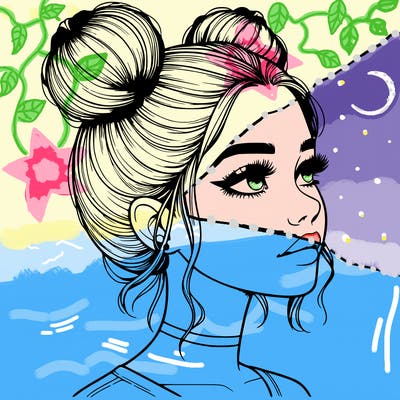 realistic girl with buns on the top of her head