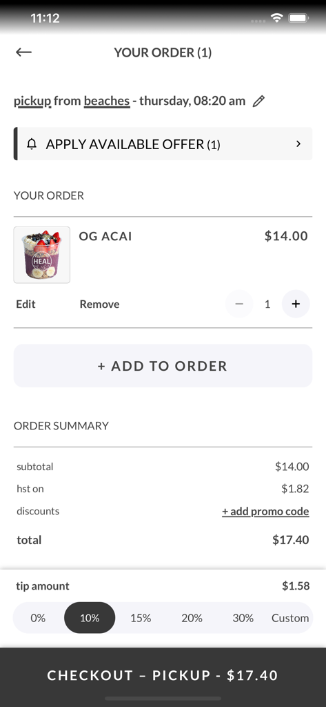 Checkout screen of the Heal Wellness app showing an OG Acai bowl order for pickup.