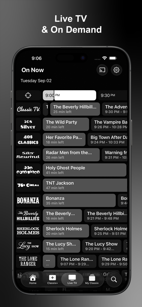 A live TV channel guide on the Classix mobile app featuring a schedule of classic programs like Bonanza and Sherlock Holmes