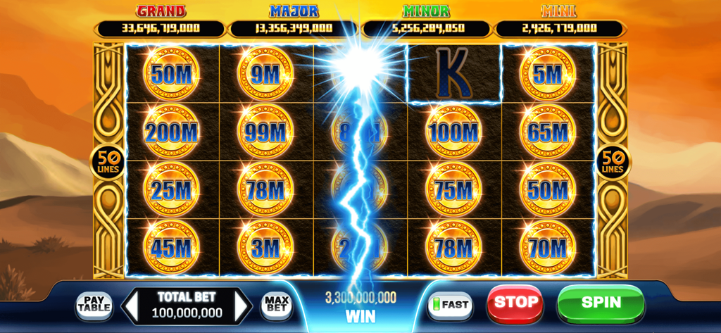 Play Las Vegas - Casino Slots - A luxury slot machine interface from Play Las Vegas showing golden coin symbols and a lightning strike win effect over a desert background.