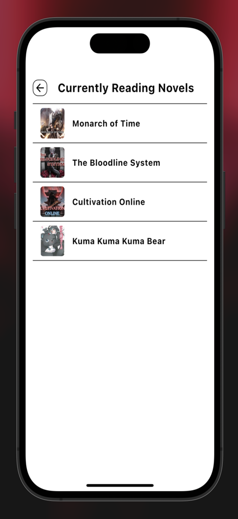 Mobile screen showing a list of currently reading light novels in the LiteNovel tracker app.