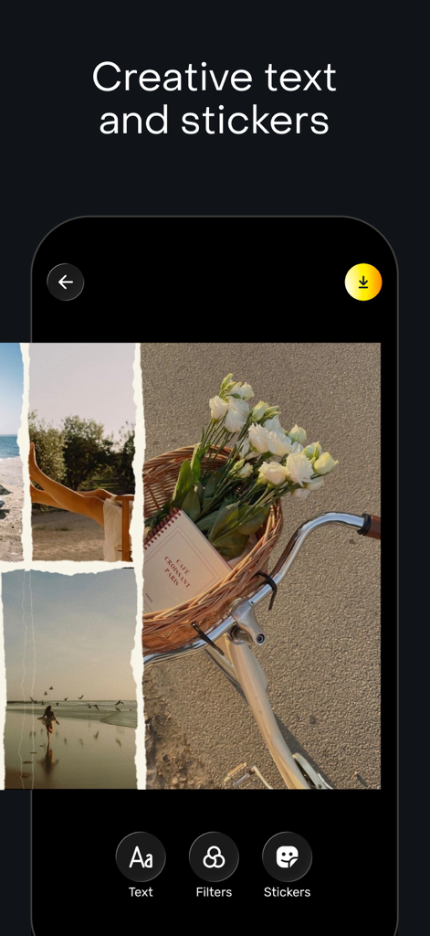 Zaps Collages - Zaps Collages app interface showing options to add creative text and stickers to an aesthetic photo collage.