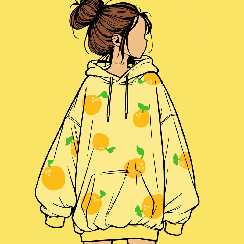 realistic girl with a oversized sweatshirt on and a bun