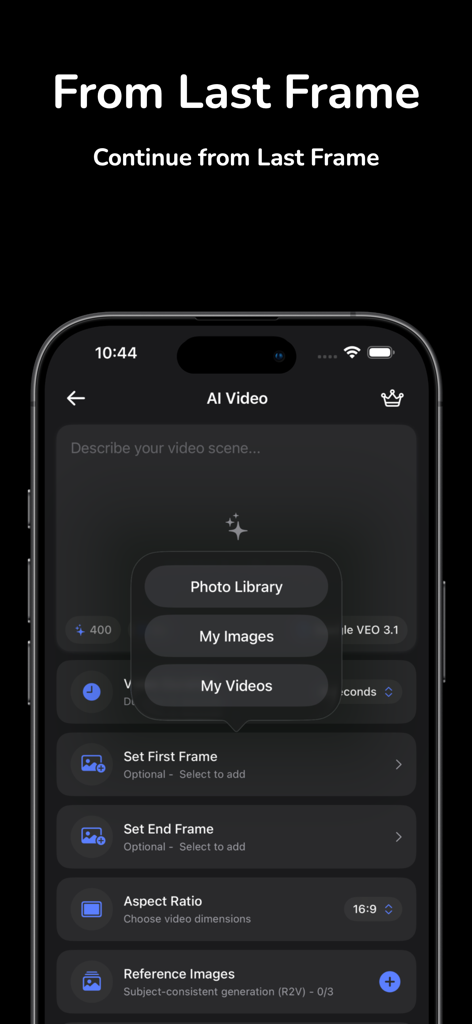 Interfaz de la aplicación Generador de Video IA Gen mostrando la función 'Desde el último fotograma' y opciones de carga de medios en iPhone.