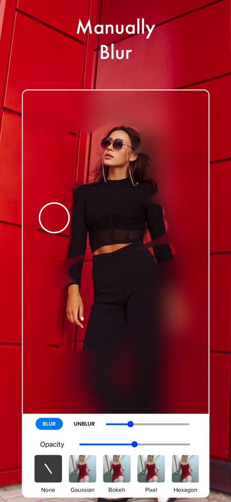 Blur Photo Background Effects - Interface do aplicativo mostrando a ferramenta de desfoque de fundo manual com diferentes efeitos de foto como Gaussian e Bokeh