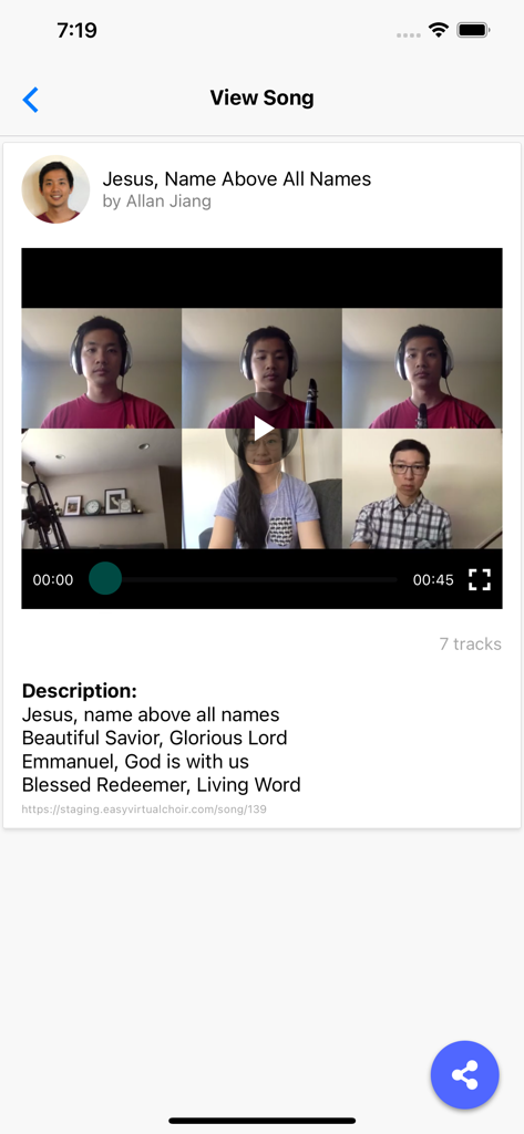 A screenshot of the EasyVirtualChoir app showing a synchronized multi-track video performance of a religious song.