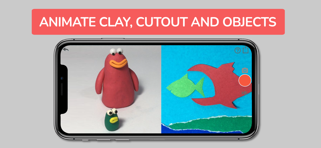 Stopmotion Animation Pro - Smartphone screen showing claymation and paper cutout animation scenes within the Stopmotion Animation Pro app interface.
