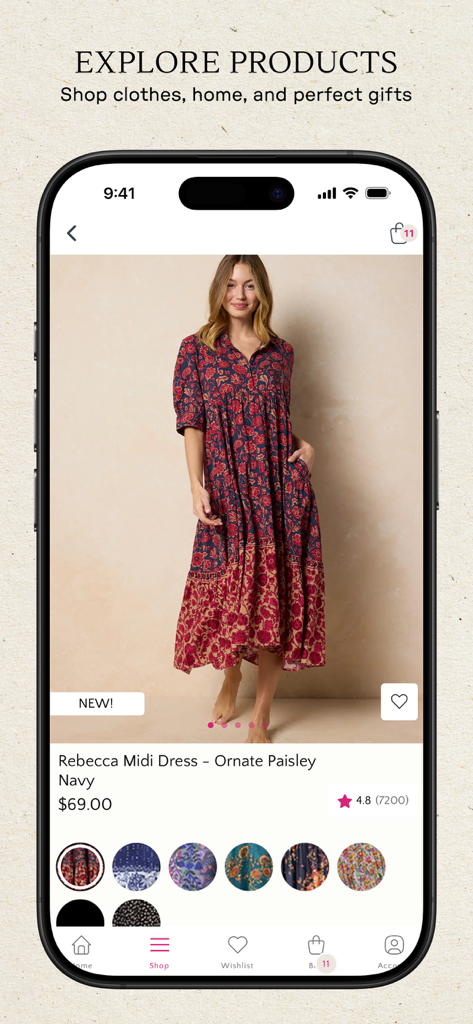 Capture d'écran de l'application Natural Life montrant la page produit d'une robe midi florale