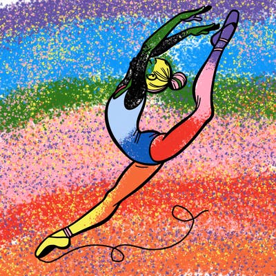 gymnast doing a leap in a leotard with a bent back leg