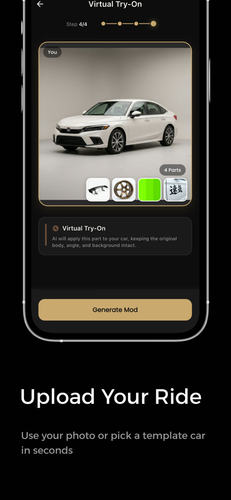 AutoMod: AI Car Customizer - Pantalla de la aplicación móvil mostrando un sedán blanco siendo personalizado con IA usando diferentes piezas y colores