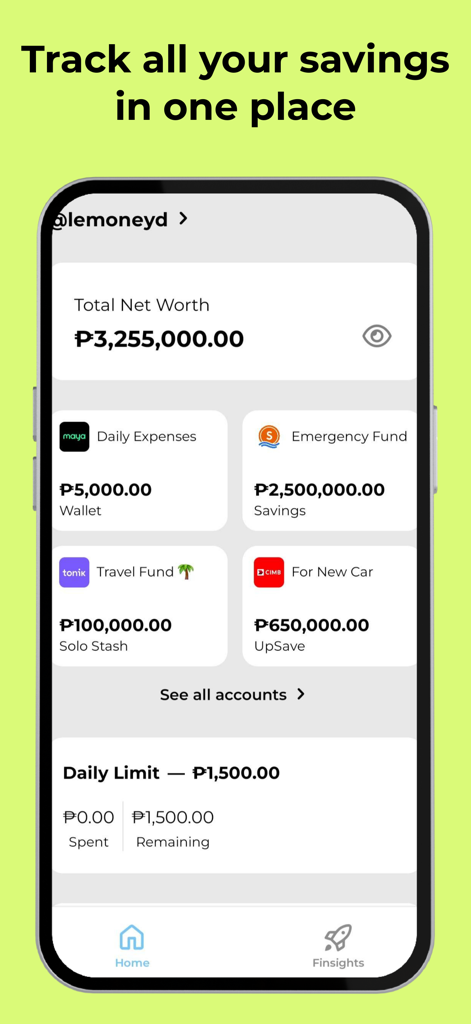 Tableau de bord de l'application Lemoneyd montrant la valeur nette et les comptes d'épargne catégorisés comme les fonds d'urgence et de voyage