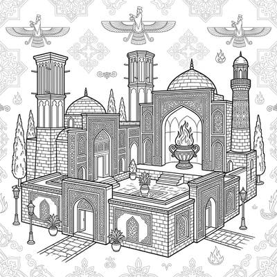 Delve into the rich history and intricate beauty of Zoroastrian architecture with this captivating coloring page. Discover the sacred fire and unique elements of an ancient temple ready for your artistic touch.