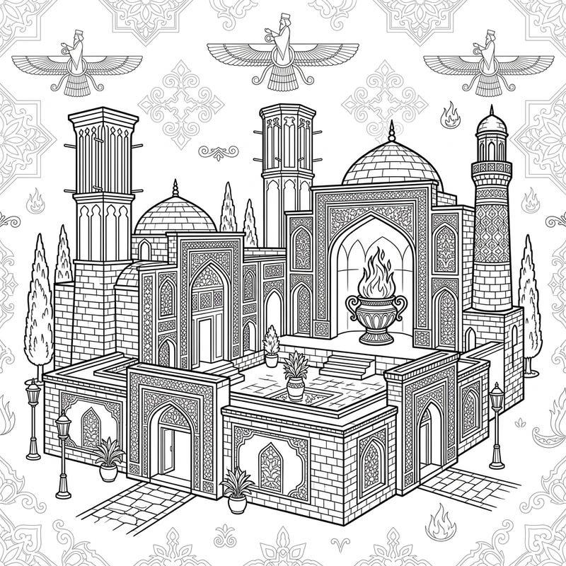 Delve into the rich history and intricate beauty of Zoroastrian architecture with this captivating coloring page. Discover the sacred fire and unique elements of an ancient temple ready for your artistic touch.