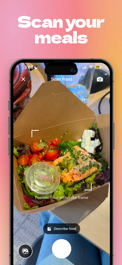 PCOS Polly - A mobile app interface showing a meal scanning feature capturing a healthy salmon salad bowl for PCOS nutritional tracking.