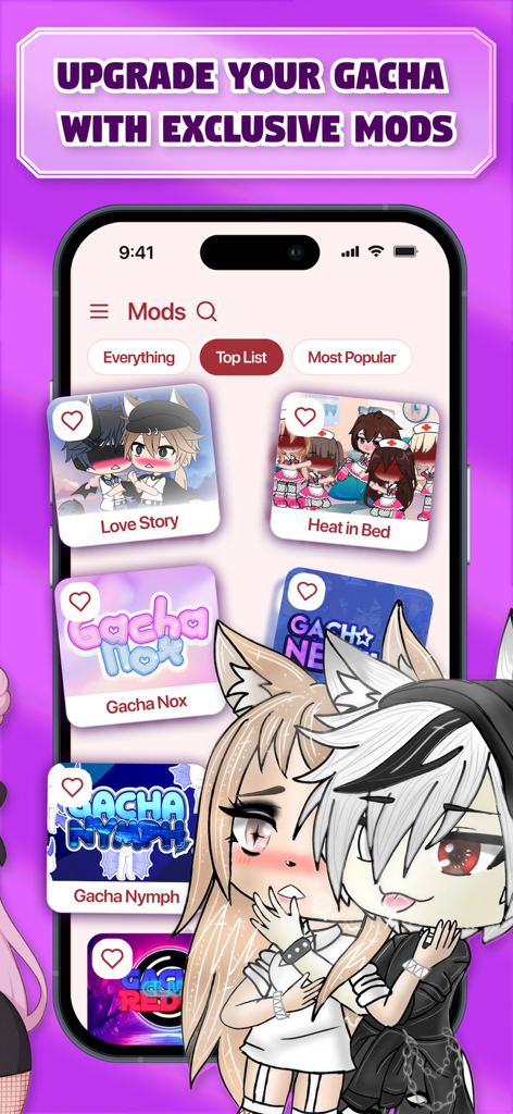 Gachune mobile app screen displaying exclusive mods and skins for Gacha characters