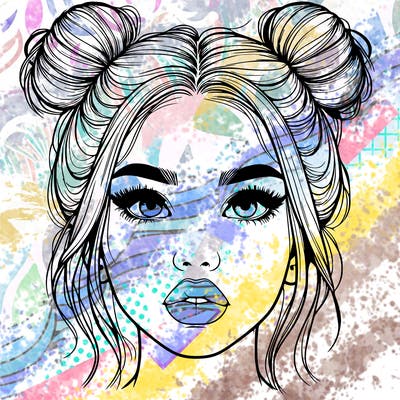 realistic girl with two buns on her hair and lips