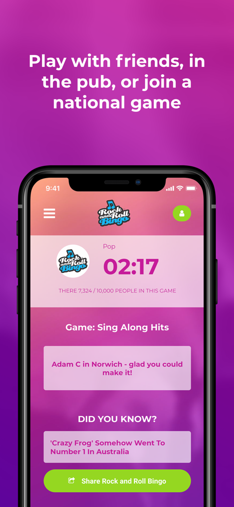 Rock and Roll Bingo Music Quiz - A smartphone screen displaying the Rock and Roll Bingo music quiz app with a live national game in progress.