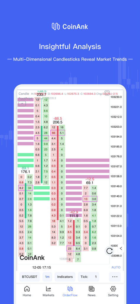 CoinAnk: Live Crypto Tracker - Ein professioneller Order-Flow-Chart in der CoinAnk App, der Kryptomarkttrends zeigt