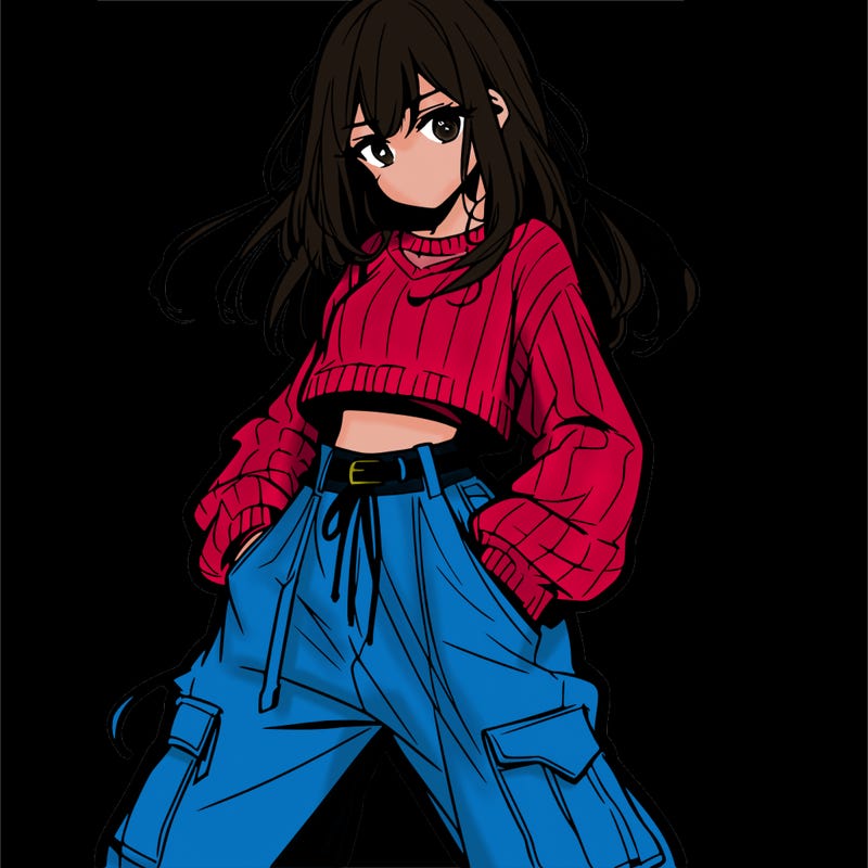 anime teen girl with baggy pants and crop top with sweater