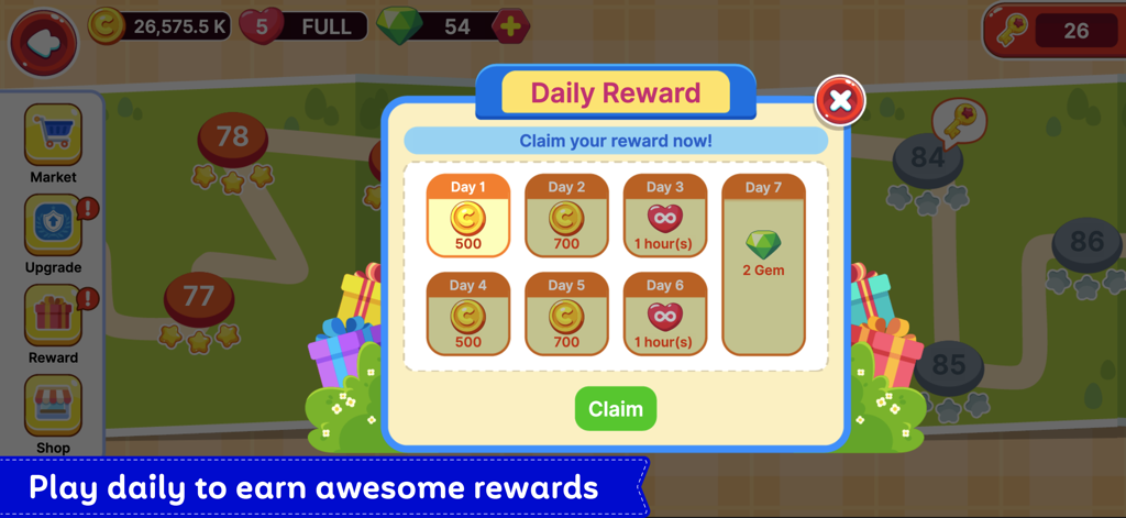 Street Grill Tycoon - Daily reward screen in Street Grill Tycoon featuring bonus coins, gems, and hearts.