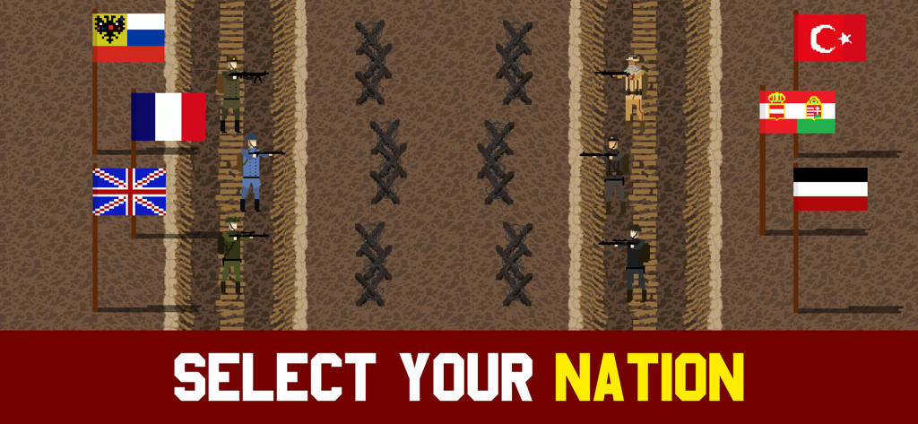 Pantalla de juego de arte de píxeles que muestra soldados de la Primera Guerra Mundial en trincheras con banderas y el texto Selecciona tu Nación.