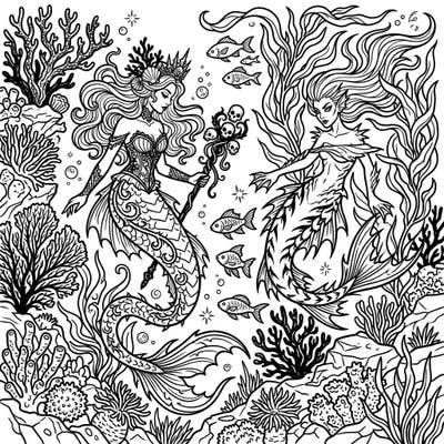 Unleash your creativity with this mesmerizing full scene coloring page featuring two powerful Dark Mermaids. Immerse yourself in a gothic underwater realm, perfect for adult colorists seeking a captivating challenge.