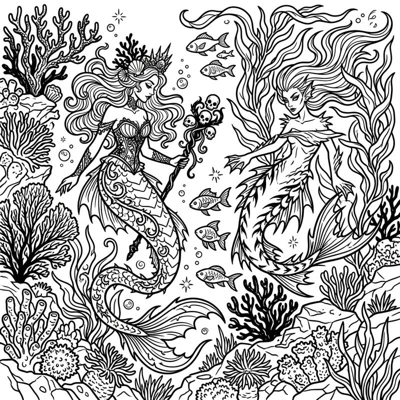 Unleash your creativity with this mesmerizing full scene coloring page featuring two powerful Dark Mermaids. Immerse yourself in a gothic underwater realm, perfect for adult colorists seeking a captivating challenge.